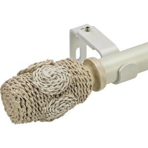 White Farmhouse Curtain Rod 72 to 144": Adjustable Heavy Duty Curtain Rod for Windows 68 to 140", Boho Decorative Window Treatment Rod with Woven Rope Finials