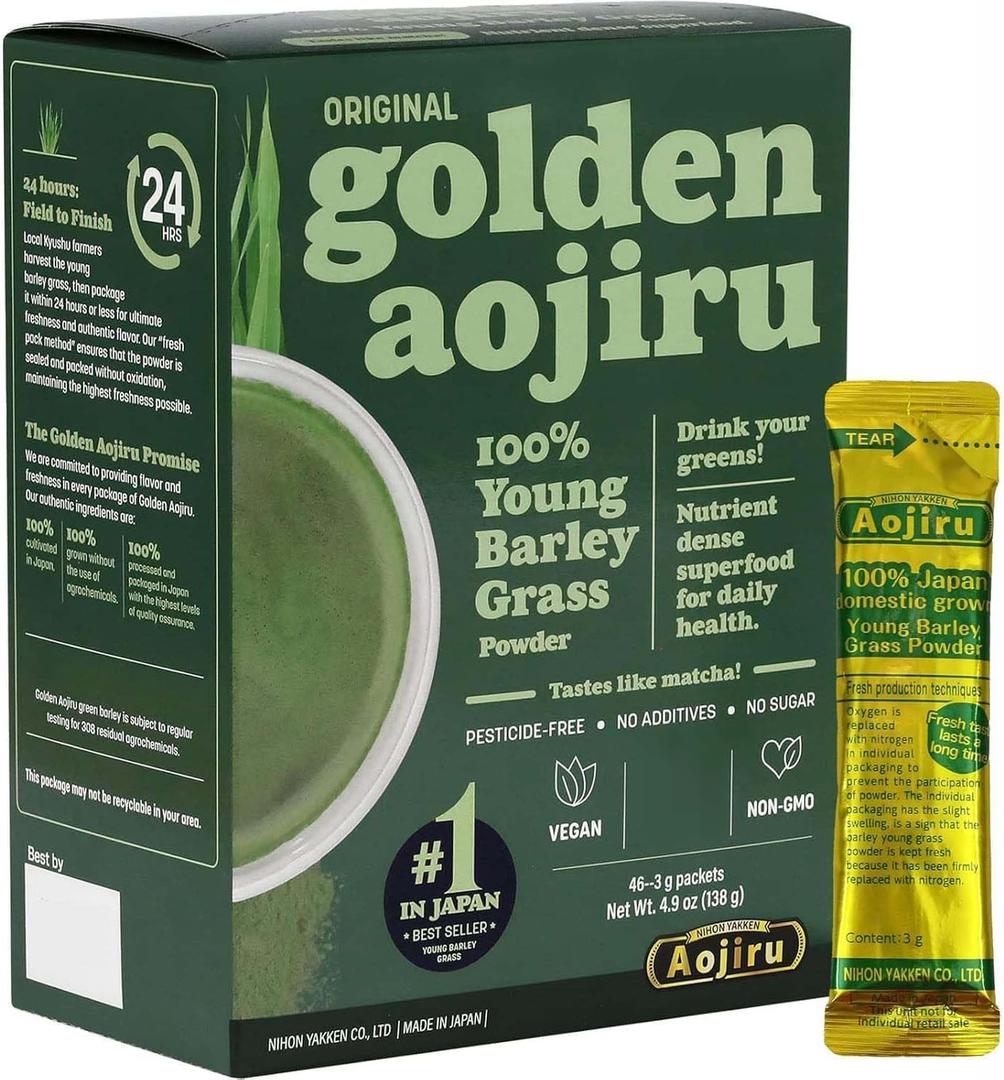 NIHON YAKKEN Golden Aojiru Original - Young Barley Grass Powder for Smoothies & Drinks, 100% Japanese Grown - 46 x 3g Packets (4.9 oz Total) - Vegan, Non-GMO, Gluten Free (EXP 09/08/27)
