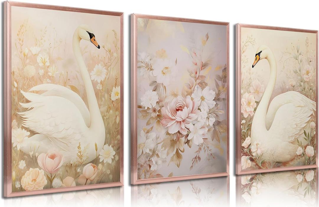 3pcs Nursery Swan Canvas Wall Art Pink Swan Flowers Posters Prints Girl Kid Animal Wall Decor Pictures For Living Room Bedroom Girls Room Decoration Unframed