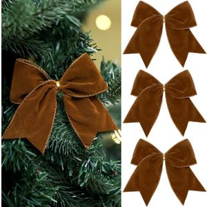 Janinka 12 Pcs Christmas Velvet Bows & Ribbons - 6 Inch Rustic Wreath & Gift Bows - Vintage Xmas Holiday Ornaments for Christmas Tree Garland & DIY Craft Wrapping Decor (Brown)