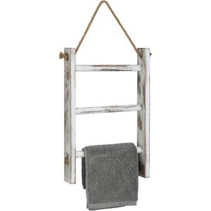 MyGift Rustic Hand Towel Holder, Whitewashed Solid Wood Farmhouse Bathroom Decor, Small Blanket Ladder for Home Decor, Wall Mounted Towel Rack for Shabby Chic Decor