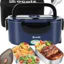 Eocolz Electric Lunch Box Food Heater 80-100W, Food Warmer with Dual Container 1.5L Portable Heated Lunch Box for Car Truck Work Stainless Steel Fork & Spoon 12/24/110V for Adults Lonchera Elctrica (Gray)