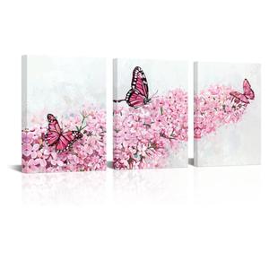 HOMEOART Butterfly and Flower Canvas Wall Art Floral Picture Bathroom Wall Decor Bedroom Art Farmhouse Kitchen Wall Decor, 12x16 inch x 3Pieces Framed (Pink)