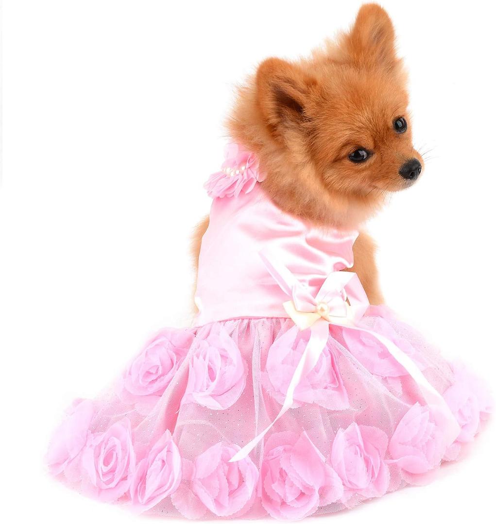 Pet Dress for Small Dog Girls Luxury Puppy Wedding Dress Rose Flower Lace Tutu Skirt Silky Bow Birthday Party Dog Clothes,Pink,Size XL