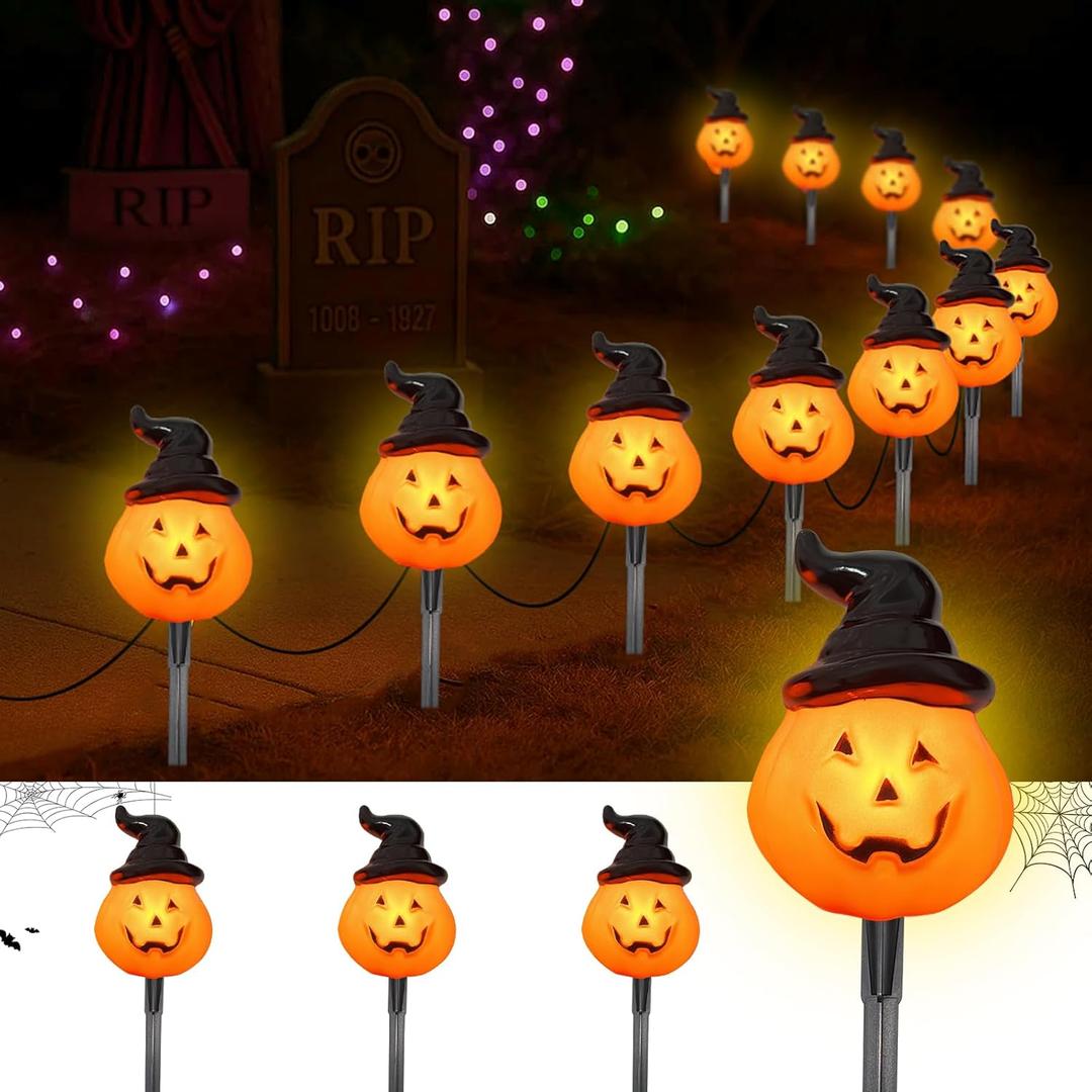 Halloween Pumpkin Pathway Lights Outdoor, 4PCS Jack O Lantern Pumpkin Light with Stake,Outdoor LED Walkway Lights Lights for Halloween Driveway Garden Yard Lawn Lights Decor