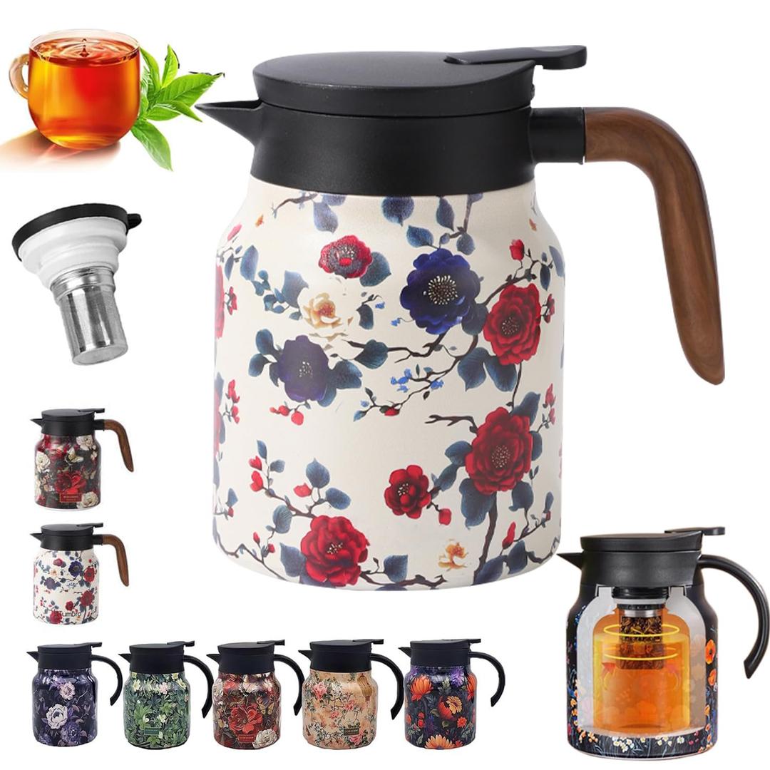 Insulated Tea Pots,Vintage Floral Pattern Tea Pot-Built-in Infuser,Colorful Vintage Floral Pattern Teas,Stainless Steel Teapot 1000mL with Lid for Hot Drinks,White(Wooden Handle,35OZ)