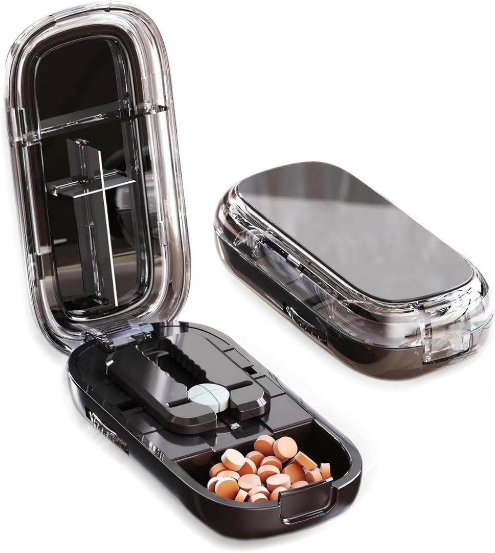 Portable Pill Cutter, Splitter for Tiny Small and Large Pills,1/2,1/3,1/4 Cutter with Stainless Steel Blades and Storage Box (Black)