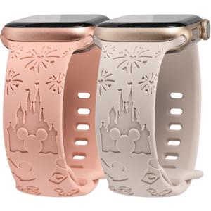 2 Packs Cartoon Bands Compatible with Apple Watch Bands 38/40/41/42/44/45/46/49mm Womens, Soft Silicone Cute Engraved Strap for iWatch Series 11 10 9 8 7 6 5 4 3 SE/Ultra 3 2 1 (Starlight & Pink)