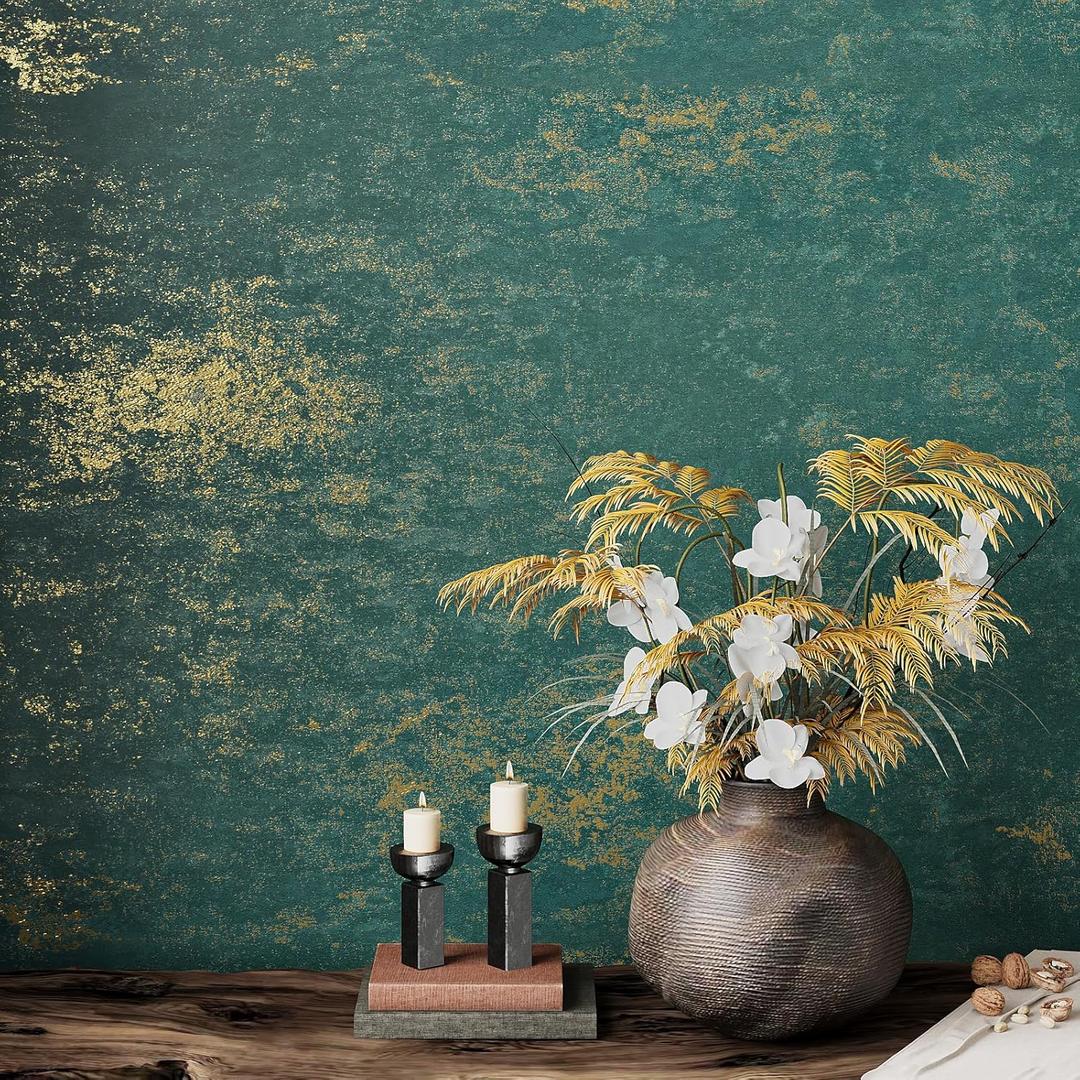 VEELIKE Distressed Teal Gold Metallic Wallpaper Peel and Stick Plaster Concrete Wallpaper for Bedroom Accent Wall 15.7''x118'' Self Adhesive Removable Teal Metallic Contact Paper for Walls Cabinets
