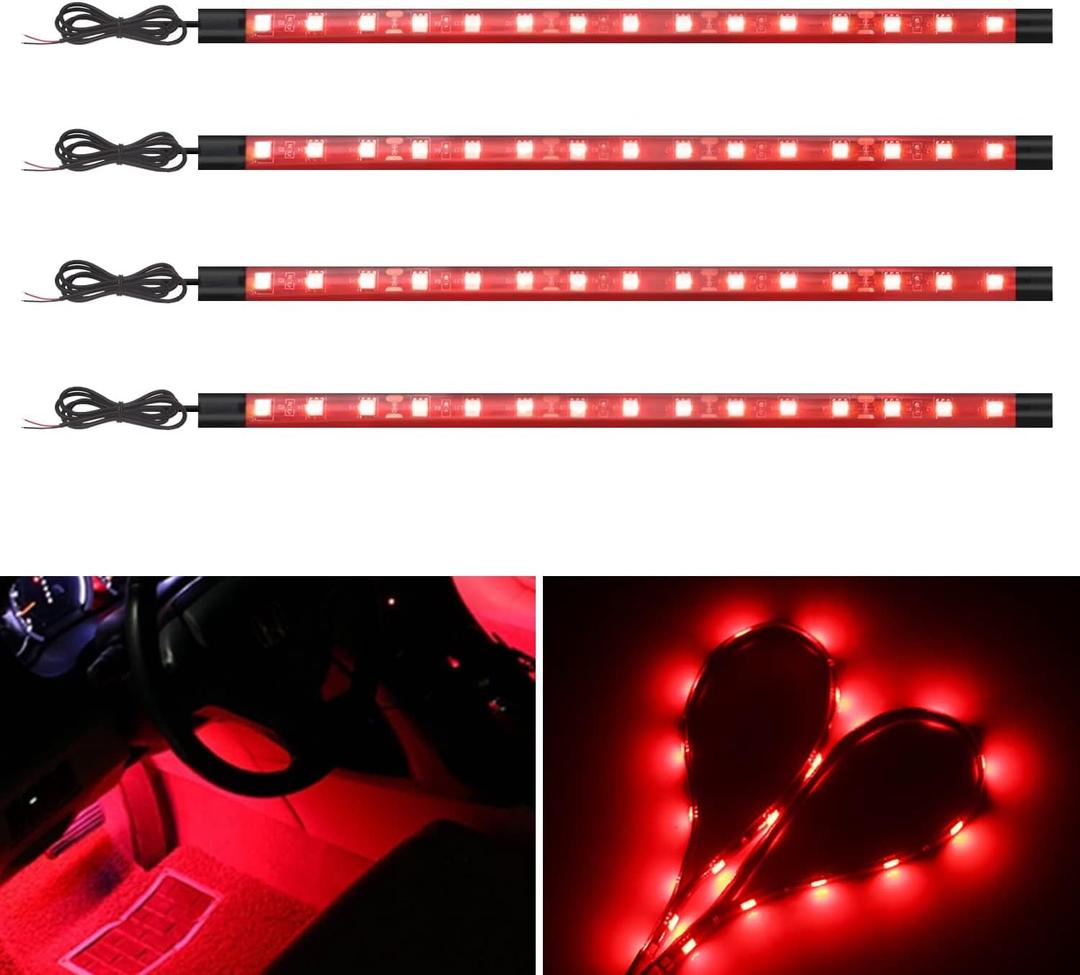 YM E-Bright Car Led Strip Lights for Golf Cart Underglow Motorcycles Marine Boat Kayak Interior Exterior 5050 Chipset 15SMD Waterproof IP67 12V,Red(Pack of 4)