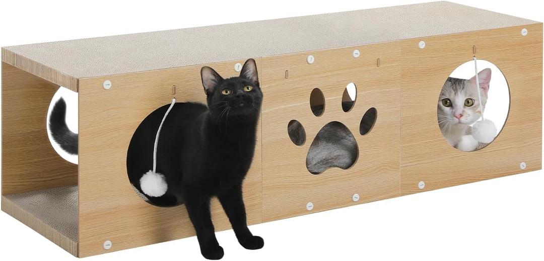 PEQULTI Cat Scratcher, Cardboard Cat Scratching Pad, Cat Tunnel House with Scracthing Board and Play Pompom, Interactive Cat Scraching House for Indoor Cats up to 25lbs