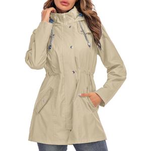 Kikibell Rain Jacket Women Striped Lined Hooded Lightweight Raincoat Outdoor Waterproof Windbreaker (Small, Khaki)