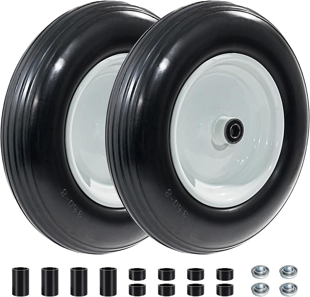 4.80/4.00-8 Flat Free Wheelbarrow Tires - Soild with 3" Centered Hub and 5/8" Extra 3/4" Bearings, 14.5 Wheelbarrow Tire Universal Fit for 4.00-6, 3.50/3.00-8 Tire, Gardon Cart (2 Pack)