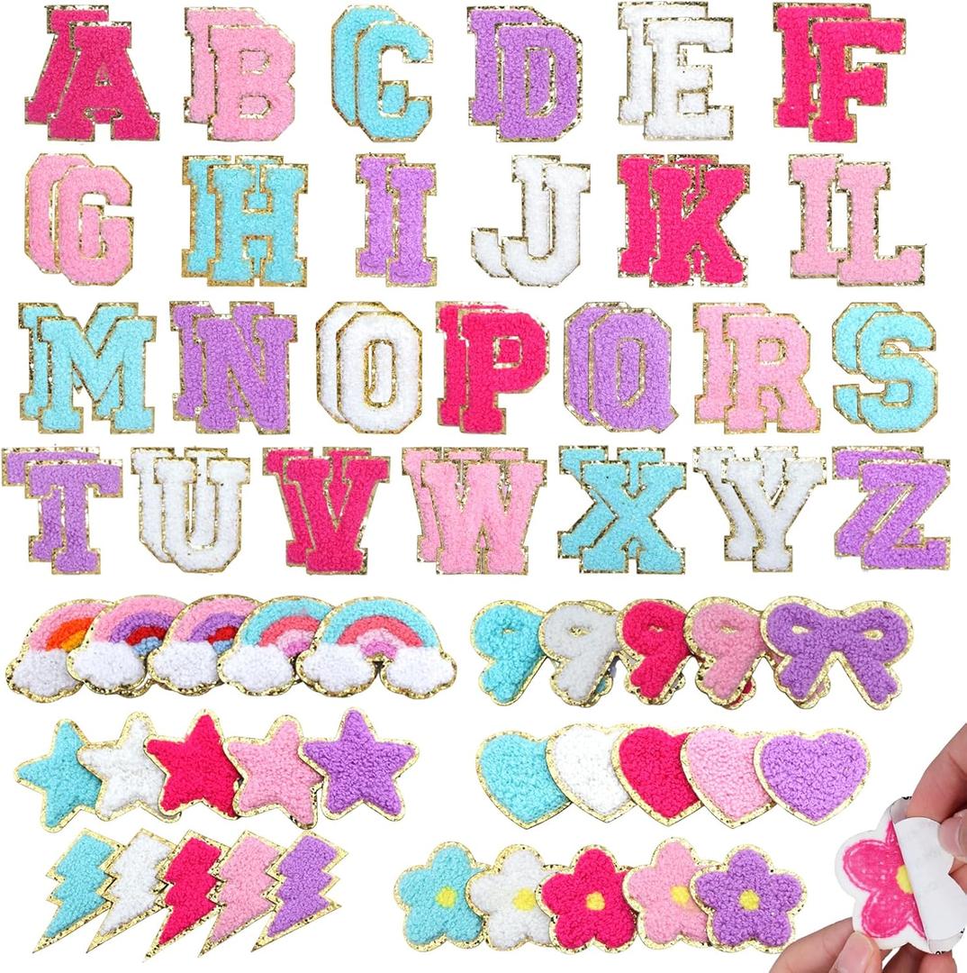 82 Pcs Chenille Letter Patches Multi-Color Self Adhesive Patches A-Z Chenille Sticker Patches - Cute Star Lightning Heart Rainbow Letter Stickers for Hats Backpacks DIY Clothing (pink, purple, white) 82 Pcs Chenille Letter Patches Multi-Color Self Adhesive Patches A-Z Chenille Sticker Patches - Cute Star Lightning Heart Rainbow Letter Stickers for Hats Backpacks DIY Clothing (pink, purple, white)