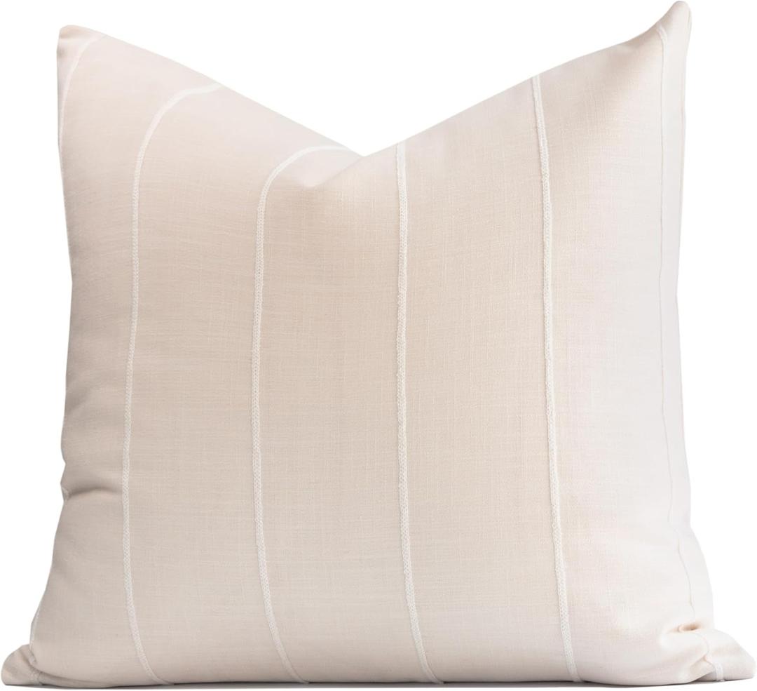 Crumbs Home Modern Farmhouse Fall Linen Indoor Outdoor Throw Pillow Cover Only, 22"x22" Water Repellent for Patio, Backyard, Couch, Antique Neutral Embroidered Stripes