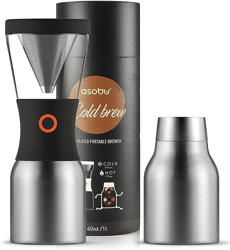 asobu Cold Brew Coffee Maker, Award-Winning 40oz Insulated Cold Brew Brewer with Portable Stainless Steel Carafe  No.1 Europe Coffee Fest Winner, Leakproof, BPA-Free, Keeps Cold 24H (one size, Silver)