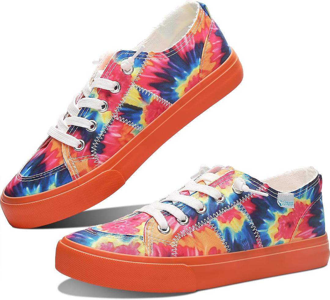 Obtaom Women Rainbow Canvas Fashion Sneakers Comfortable Orange Multi Walking Shoes Tie Dye Green Canvas Slip ons (Orange, US 8)