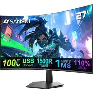 SANSUI Curved Monitor 27 inch 100Hz USB Type-C Computer Monitor with Speakers Built inFHD 1080pHDR110% sRGB1500RVESA Compatible,for Tablet,Desktop,Laptop and PC Work Gaming (ES-27C1)
