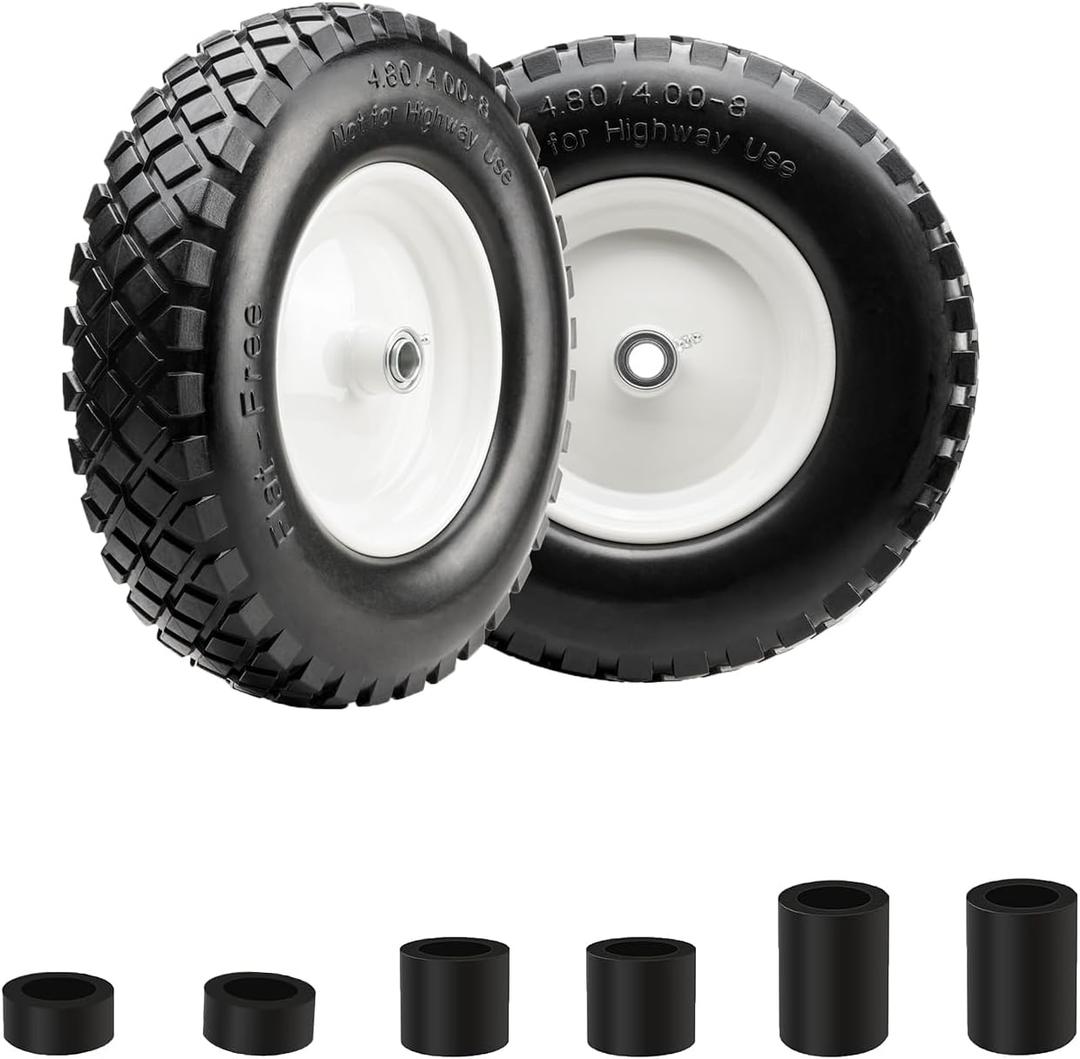 16" Flat Free PU 4.80/4.00-8" Solid Tire with 3/4" Ball Bearing and 3"-8" Center Hub, Universal Hand Truck Flat Free Trailer Wheelbarrow Tire for Hand Truck/Tool Cart/Garden Cart, 2 Pcs White (2 Pcs 4.80/4.00-8 & 3/4" bearing)