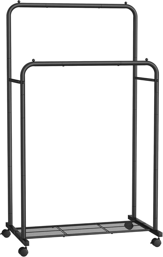 SONGMICS Double Rods Clothes Rack with Wheels, Clothing Rack for Hanging Clothes, Heavy Duty Garment Rack with Mesh Storage Shelf, 2 Brakes, Each Top Rail Holds up to 77 lb, Black UHSR26BKV1 (23.4"D x 36.4"W x 62.2"H)