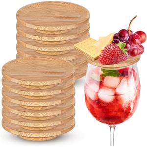 Mumufy 16 Pcs Wine Glass Charcuterie Topper Bamboo Round Mini Charcuterie Boards Dual Use Cups Topper Plates for Family Gatherings Bars Restaurants (4'')