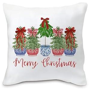Nvotell Chinoiserie Christmas Tree Pillow Cover - Merry Christmas Red Blue and White 18x18, Red Coquette Bows Tree Room Decor