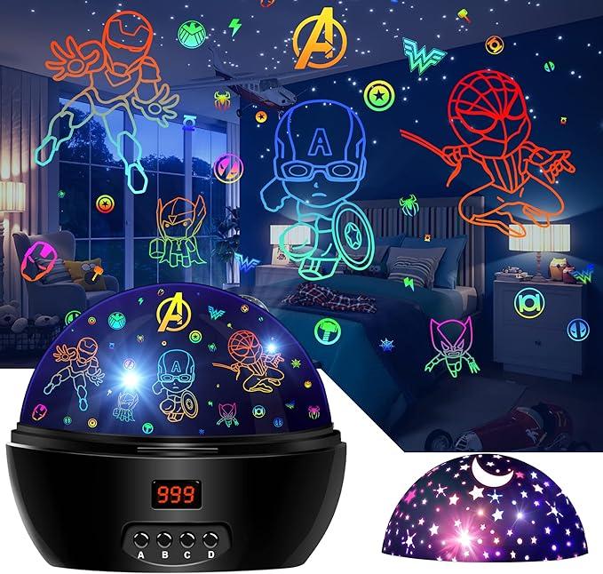 MOKOQI Kid Light Projector Superhero Toys for Boys 57 Avengers Night Light Projector with Timer for Kids Room, 360 Degree Rotation Toddler Nightlights with Spiderman Figurine Star Lamps