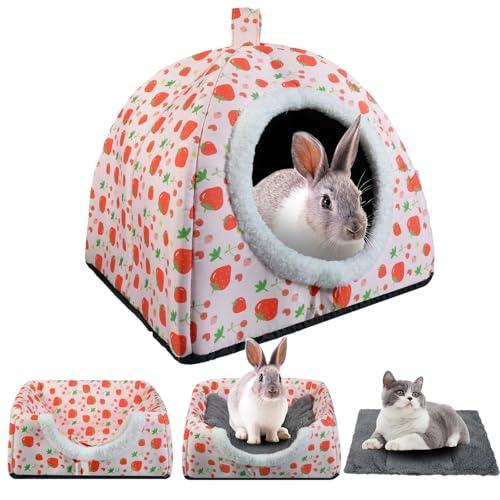 Warm Rabbit Hideout, Washable Bunny Bed & Hideaway House with Strawberry Design, Cozy Fleece Hut for Indoor Rabbits Guinea Pigs and Other Small Animals