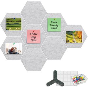8-Pack Hexagon Felt Cork Board, 1/2" Thick Felt Bulletin Pinboard with 80 Push Pins, Adhesive Tabs, Geometric Cork Wall Tiles for Photos, Memos, Home & Office Decor (Light Grey)