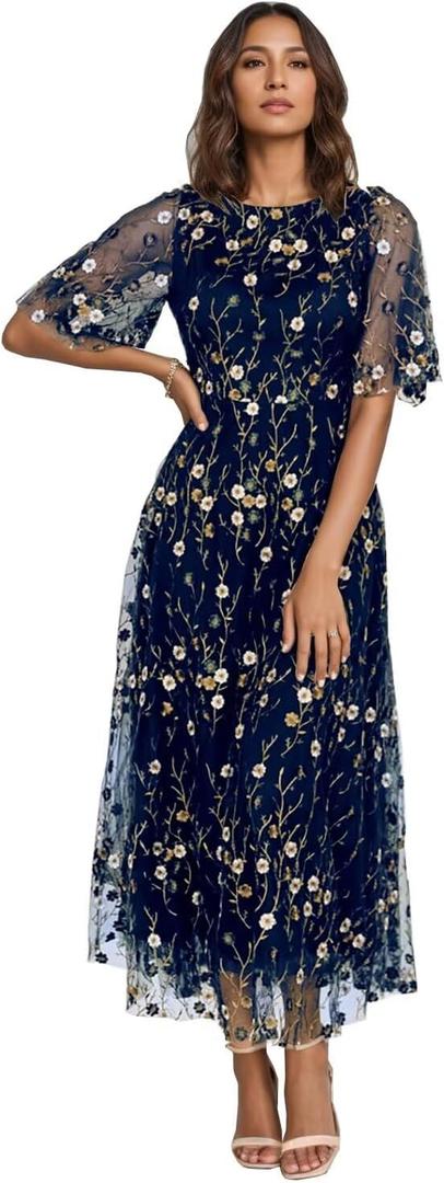 Crew Neck Floral Mother of The Bride Dress - A-Line Tea-Length Prom & Evening Gown with Short Sleeves Navy Blue 16 DR0590