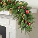 9FT Artificial Christmas Prelit Garland with 50 White Light, Pulg in, Pine Cones, Gold and Red Ball, Red Berris Mantle for Indoor Holiday Door Home Decorations Stairs Fireplaces Wall