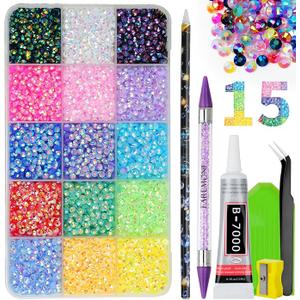 Resin Jelly Rhinestones for Bedazzling, EARLMONI Multi Colord Bedazzler Kit with 15ml B7000 Glue Rhinestone Pen Tool for Clothes Nail Art (15 Colors, 4MM)