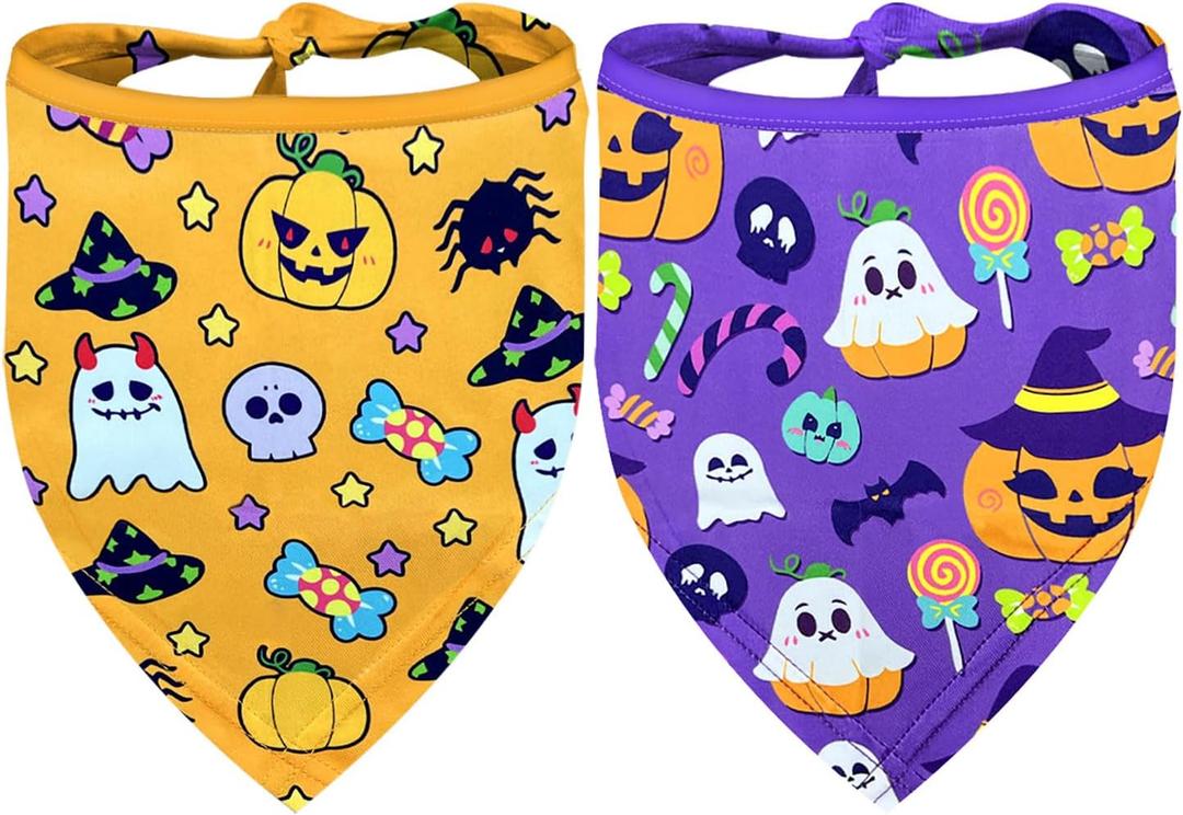Halloween Dog Bandanas 2 Pack Multiple Adorable Halloween-Themed Patterns, Durable Fabric Halloween Pet Scarf, Suitable for Small, Medium, and Large Breed Dog' Halloween Party Dog Bandana