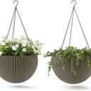 Keter Resin Rattan Set of 2 Round Hanging Planter Baskets for Indoor and Outdoor Plants-Perfect for Porches and Patio Decor, Taupe