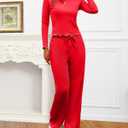 Gargenwed Women's Two-Piece Lounge Set, Long Sleeve Top and Wide Leg Pants with Pocket Casual Comfort Outfit (Red)