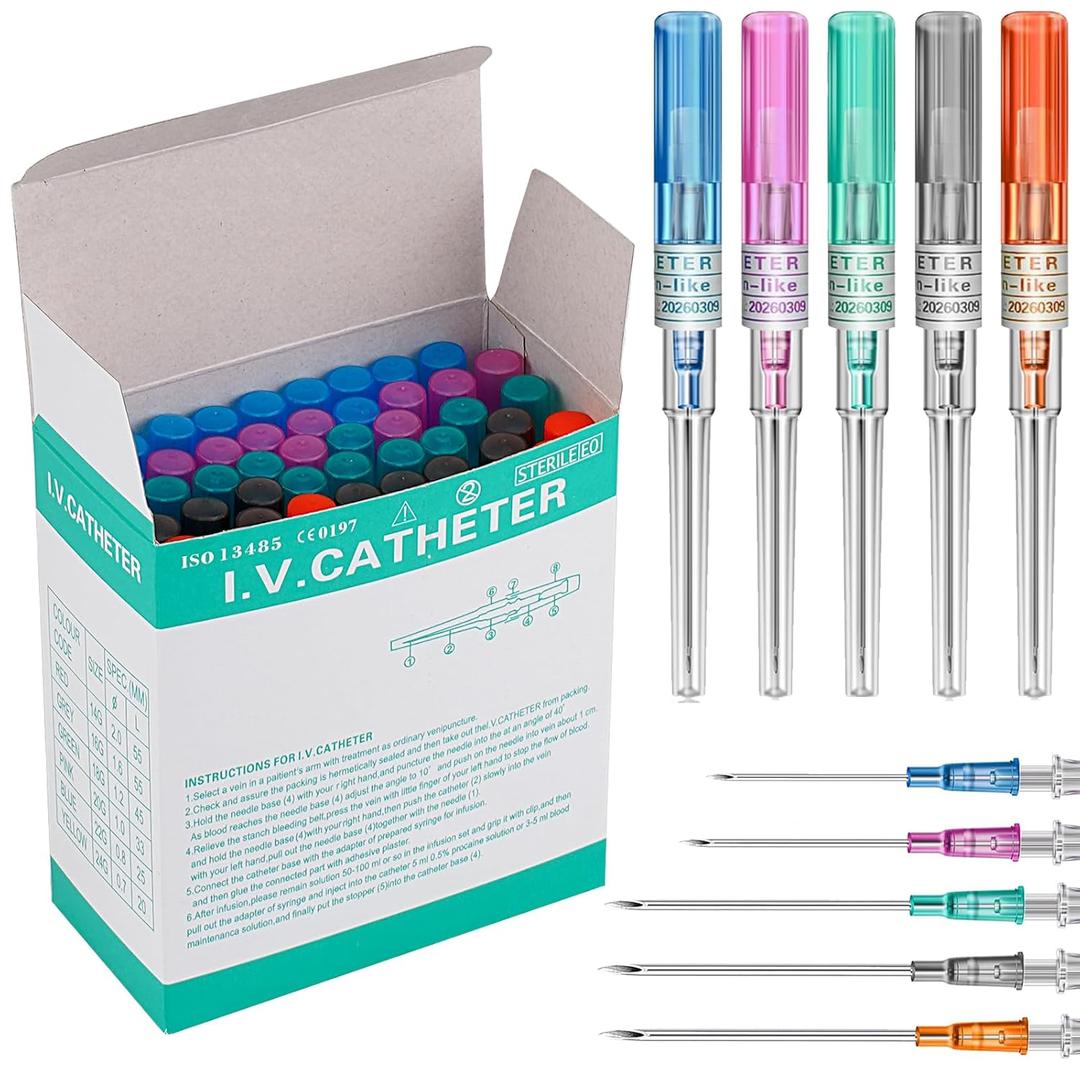 Catheter Piercing Needles - 50PCS Mix 14G 16G 18G 20G 22G Hollow Needles for Piercing with Catheter for Ear Nose Lip Belly and Body Piercing, Cateter Para Piercing Needle Kit