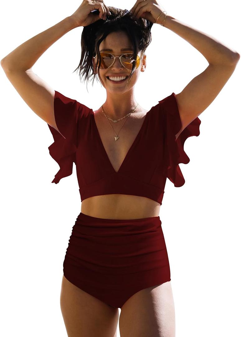 SPORLIKE Women Ruffle High Waist Swimsuit Two Pieces Push Up Tropical Print Bikini (Large, Solid Red)