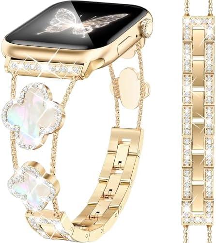 MOINSPIRE Gold Bling Diamond Clover Bands Women Compatible with Apple Watch 40mm 38mm 41mm 42mm(S10) Lucky Cute Sparkle Dressy Bracelet Metal Strap for iWatch Series SE/10/9/8/7/6/5/4/3/2/1