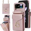 Asuwish Phone Case for Samsung Galaxy Z Flip 3 5G 2021 Wallet Cover with RFID Blocking Ring Crossbody Wrist Strap Stand Credit Card Holder Leather Cell Accessories ZFlip3 Z3 Flip3 3Z Women Rose Gold