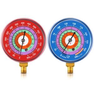 Relaxweex Refrigeration Pressure Gauge Kit R-134a, R-404a, R-2092, R-410a R-134a 0-800psi 1/8" Npt Lower Mount 30inhg-0-250psi, 250-500psi & 0-800psi Degree F Blue Dial & Red Dial (70mm(2-3/4" Dial))