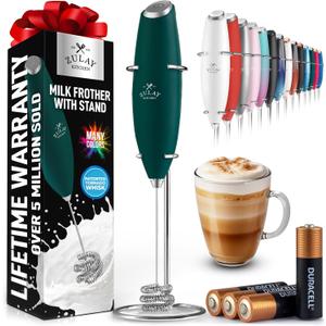 Zulay Kitchen Powerful Milk Frother Wand With Duracell Batteries - Ultra Fast Handheld Drink Mixer - Electric Whisk Foam Maker for Coffee, Lattes, Cappuccino & Matcha - Triple Whisk - Moss Green