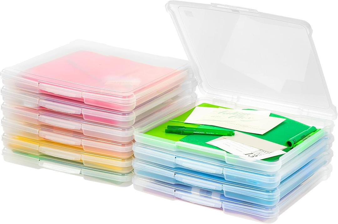 IRIS USA Fits 12" x 12" Paper, 10-Pack Thin Portable Plastic Scrapbook Paper Storage Cases Organizers with Built-in Handle for Art and Craft Supplies, Office Document, Stationery, Photo - Clear