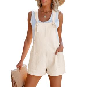 3 x Aoudery Women's Summer Casual Sleeveless Rompers Loose Spaghetti Strap Cotton Shorts Overalls Jumpsuit with Pockets - Beige L (Beige, L)