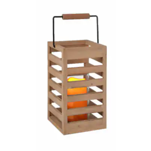 slatted wooden lantern with a black metal handle and natural finish 11"