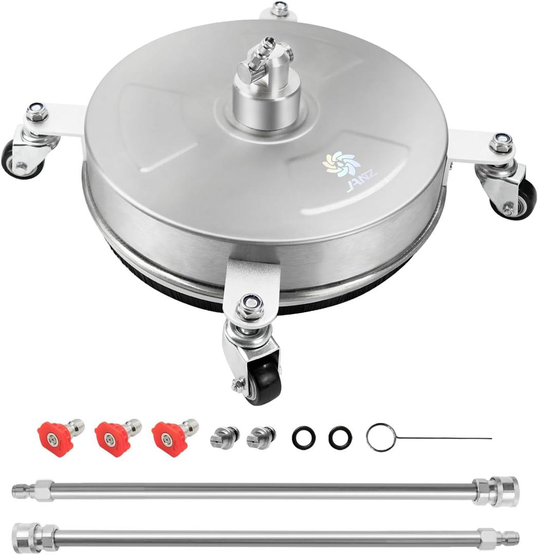 janz 14" Pressure Washer Surface Cleaner with 4 Wheels, Stainless Steel Housing, 1/4" Quick Plug, 2 Extension Wands, 2 Replacement Nozzles and 3 Spray Nozzles, 4000 PSI (14 Inch Silvery White)