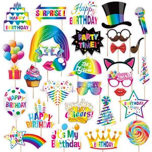 30 Pieces Birthday Photo Booth Props Kit - Happy Birthday Party Favors Supplies Bay Party Decoration Set with Real Glitter Cute Bay Designs for Women or Girls