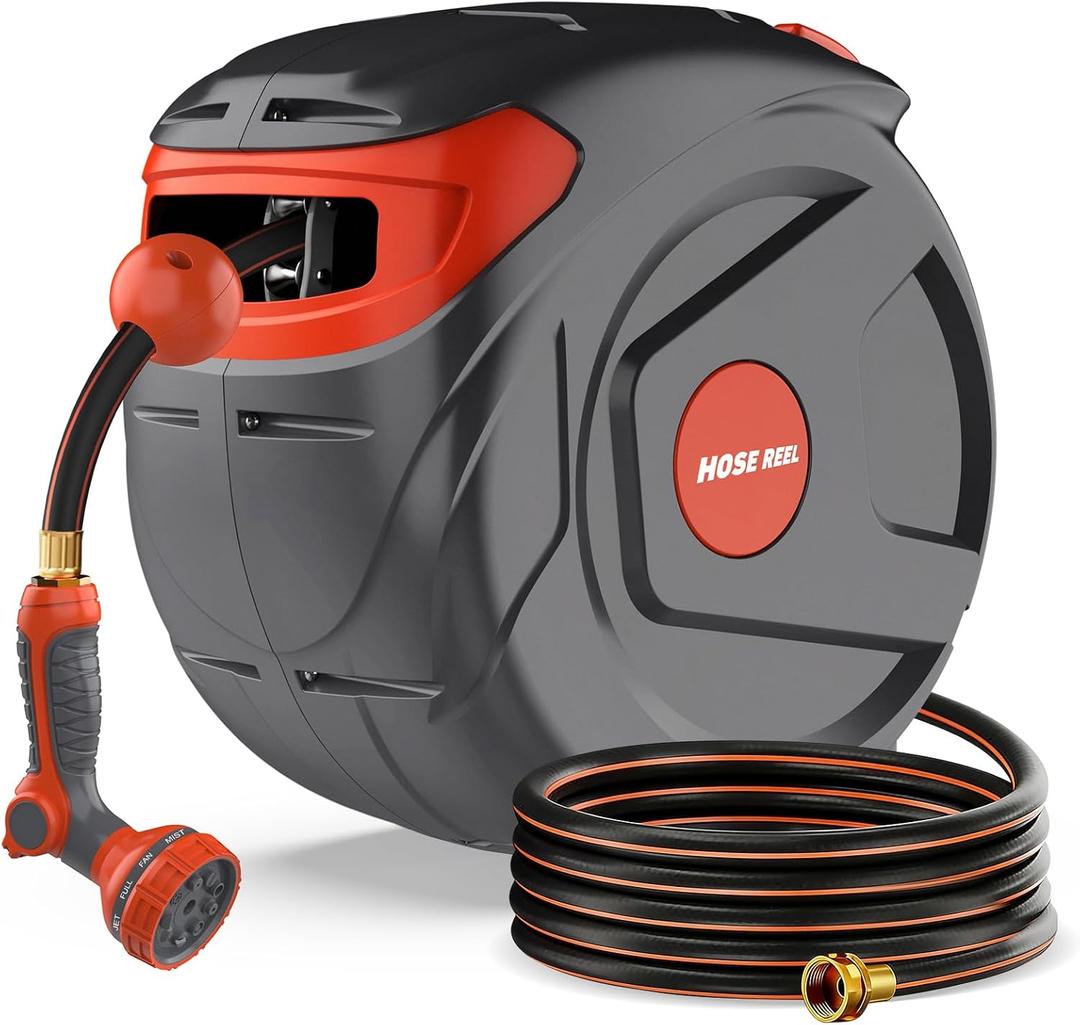 Retractable Garden Hose Reel 1/2 Inch 100 FT Wall-Mounted 180° Swivel 9-Patern Nozzle Automatic Slow Return Any Length Lock Hose Reels for Homeowners Garden Farm