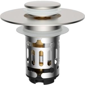 Hibbent Upgraded 3 in 1 Bathroom Sink Drain Strainer, Universal Pop Up Stopper with Removable Stainless Steel Filter Basket Hair Catcher, Sink Plug for 1.1''~2.36'' Basin, Brass Core, Brushed Nickel