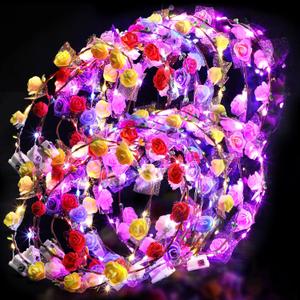 Chumia 50 Pcs LED Flower Crowns Headbands Light up Flower Wreath Garlands Glow in The Dark Floral Headpiece Hair Accessories for Women Mardi Gras Birthday Cosplay Holiday Wedding Princess Party