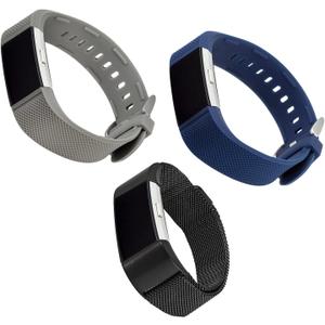 WITHit Designer Replacement Band for Fitbit Charge 2, Gray & Navy Silicone/Black Mesh (3-pack)  Secure, Adjustable, Fitbit Watch Band Replacement, Fits Most Wrists